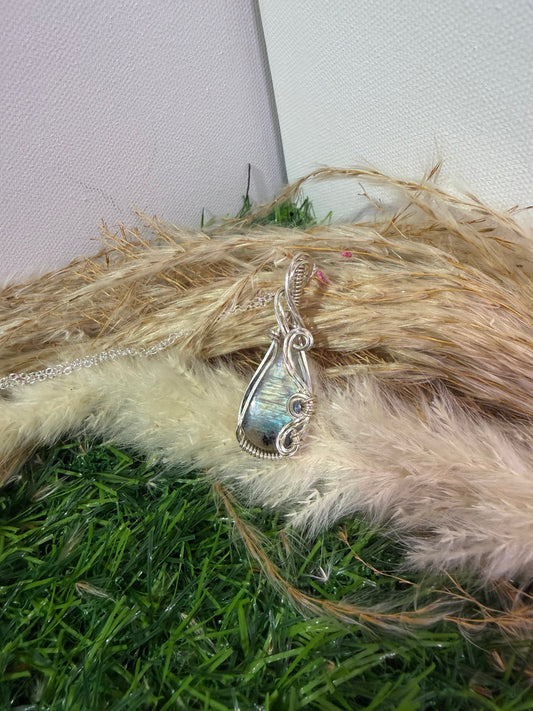 Moonstone with Black Tourmaline Pendant wrapped in 9.25 Sterling Silver
