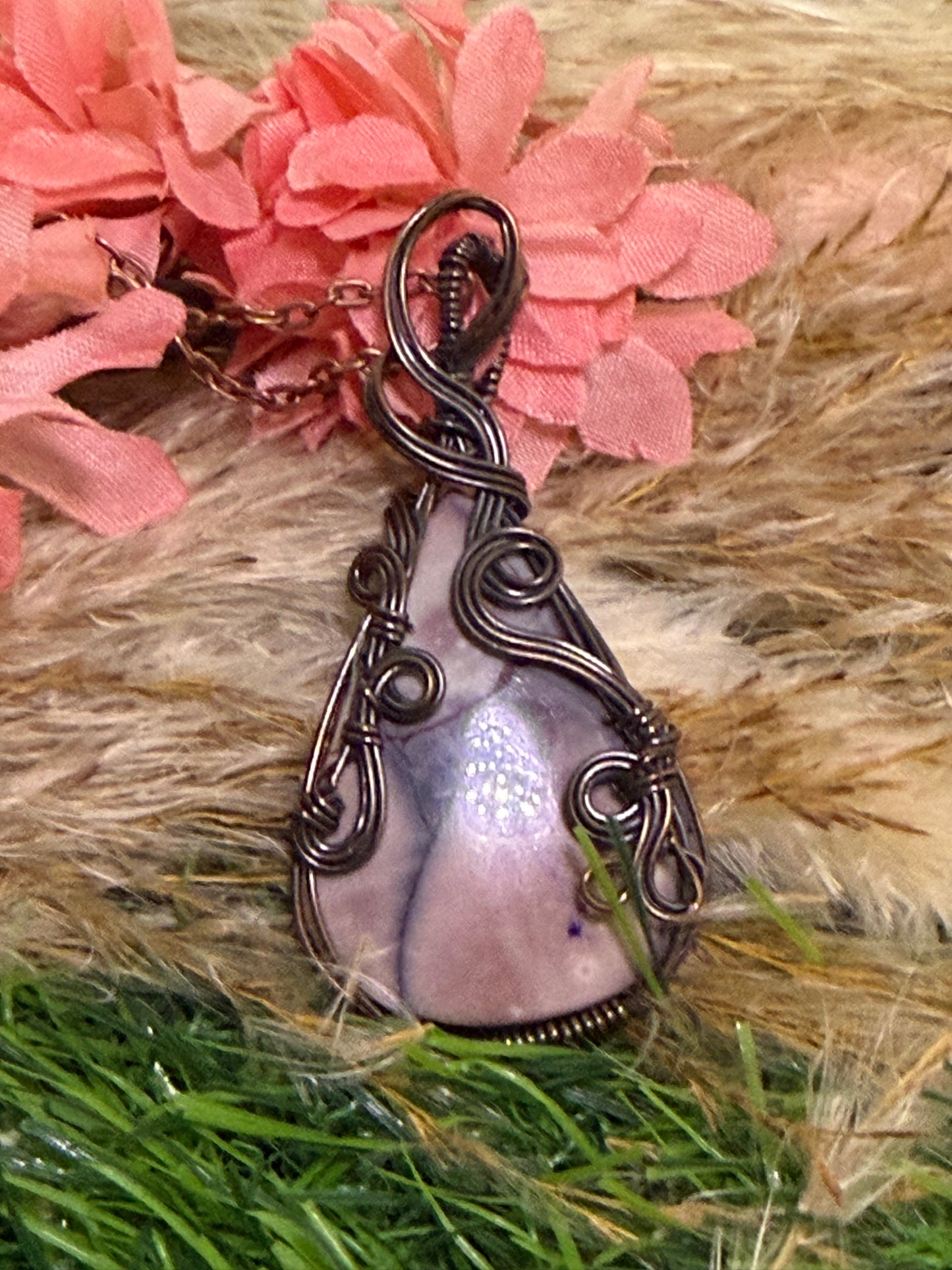 Porcelain Pendant wrapped in oxidized Copper
