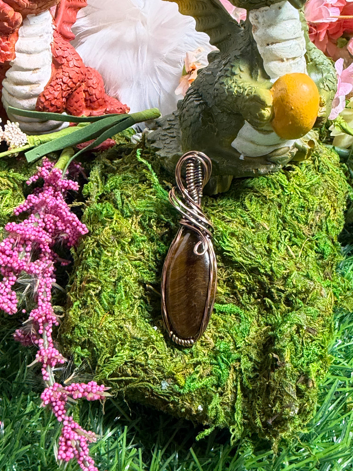 Tiger Eye Crystal Pendant Wrapped in Oxidized copper
