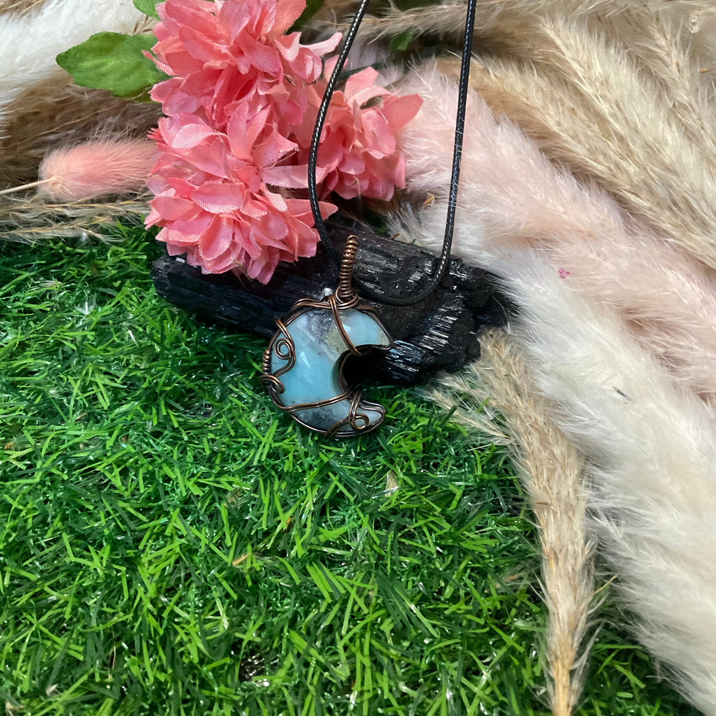 Amazonite Moon wrapped in Oxidized Copper