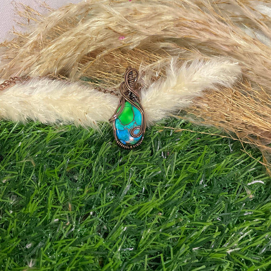 Peacock Dahlia Pendant wrapped in Oxidized Copper