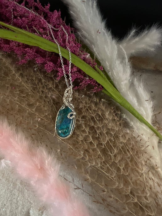 Chrysocolla Pendant wrapped in Sterling Silver. - Daydream Designs