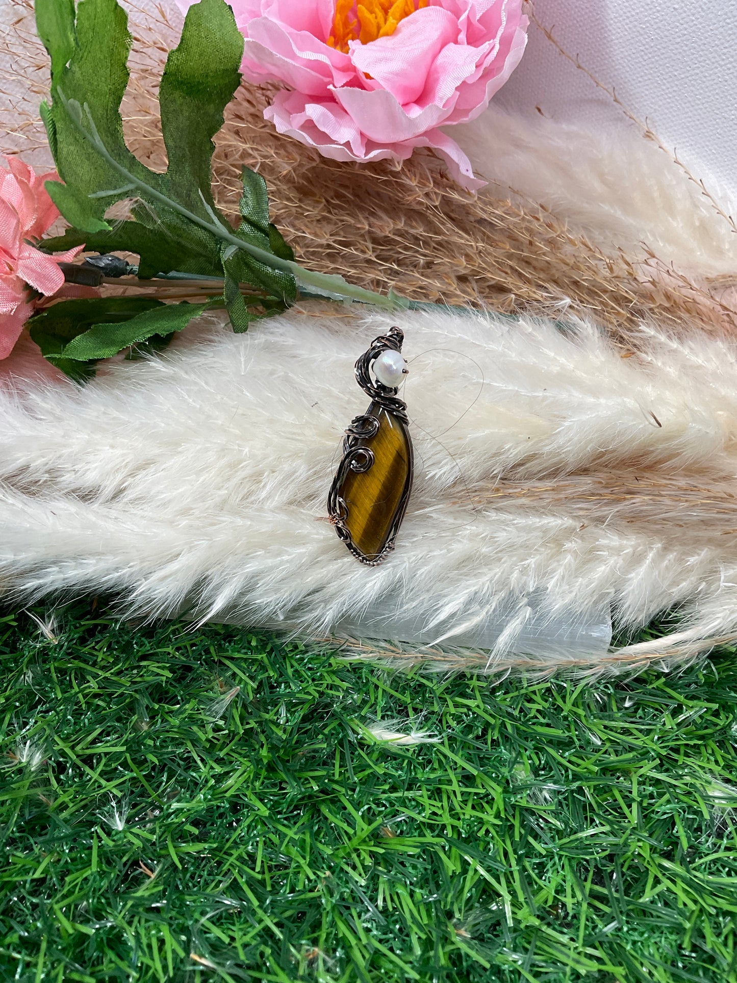 Tiger Eye wrapped in Oxidized Copper