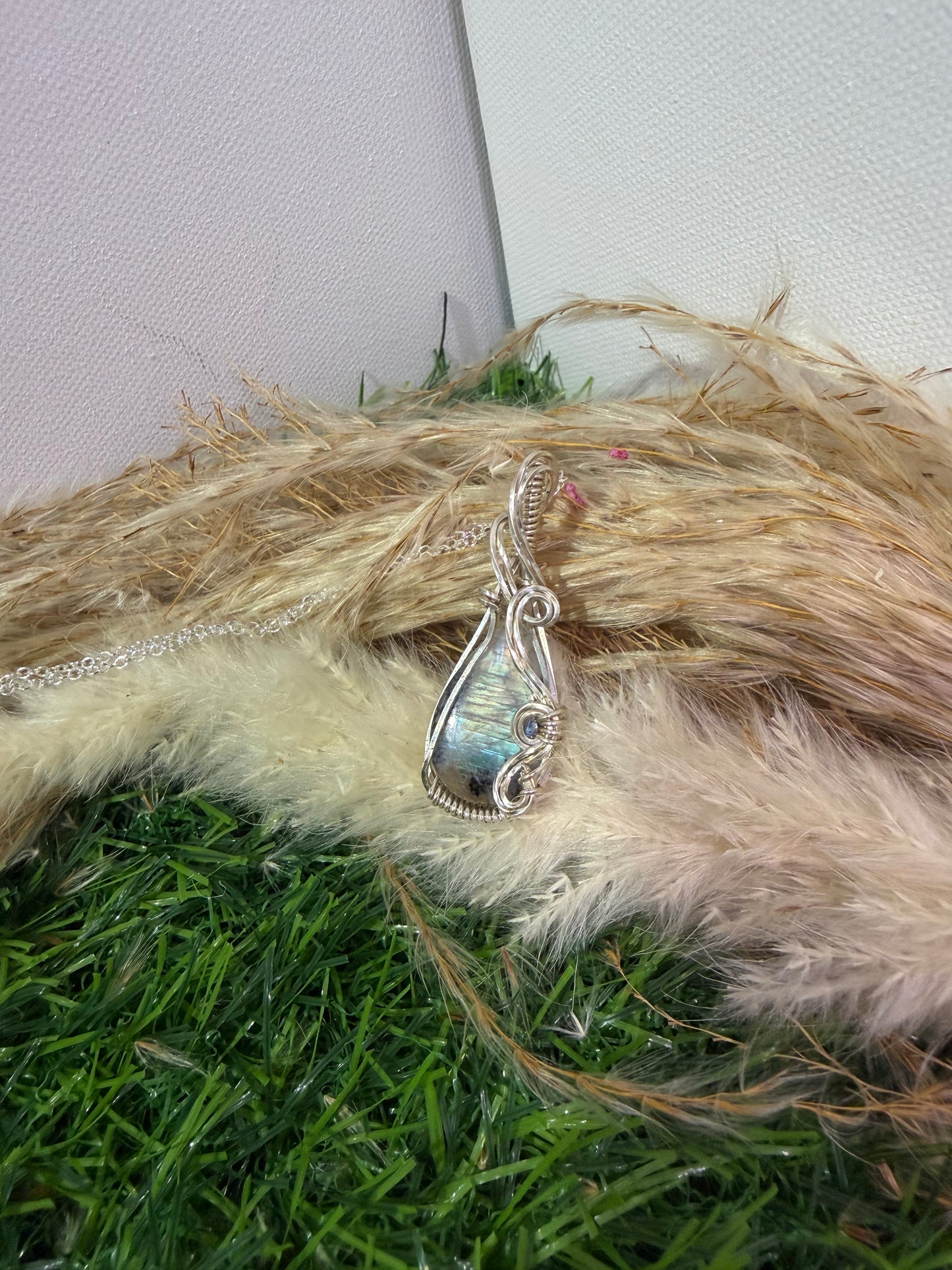 Moonstone with Black Tourmaline Pendant wrapped in 9.25 Sterling Silver