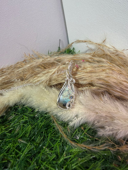 Moonstone with Black Tourmaline Pendant wrapped in 9.25 Sterling Silver