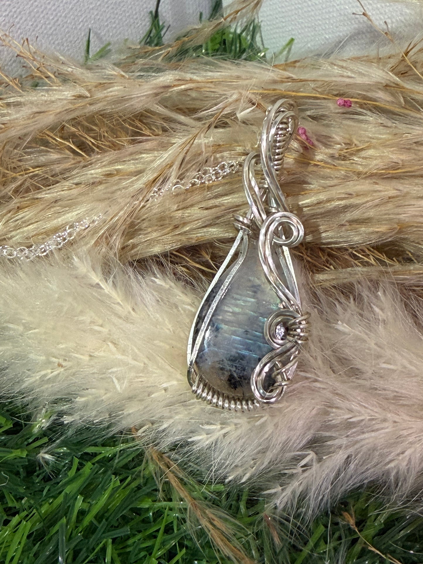 Moonstone with Black Tourmaline Pendant wrapped in 9.25 Sterling Silver
