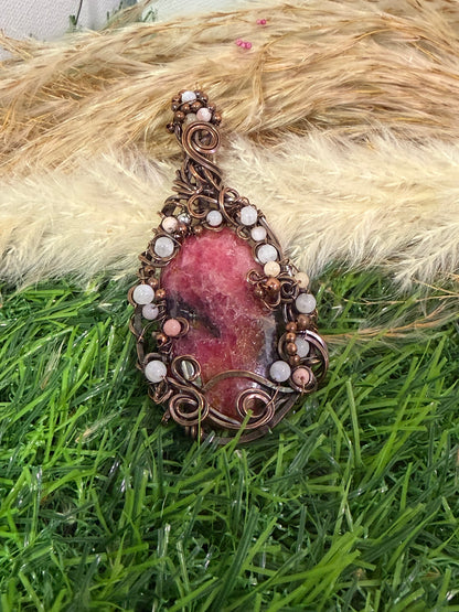Rhodonite Necklace wrapped in Oxidized Copper
