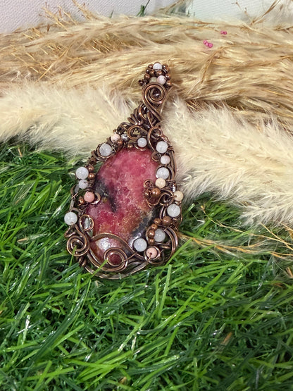 Rhodonite Necklace wrapped in Oxidized Copper