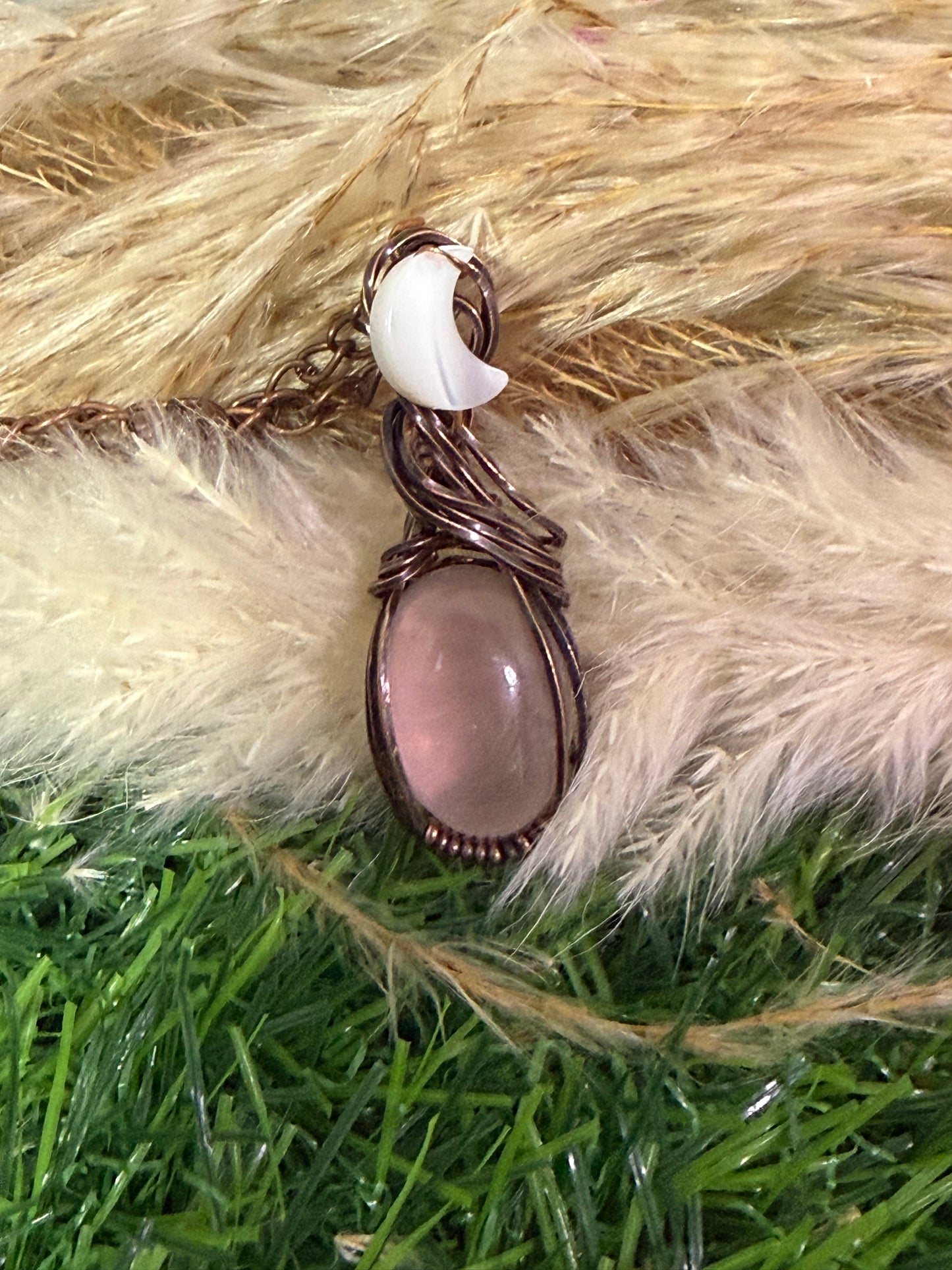 Rose Quarts Pendant wrapped in Oxidized Copper