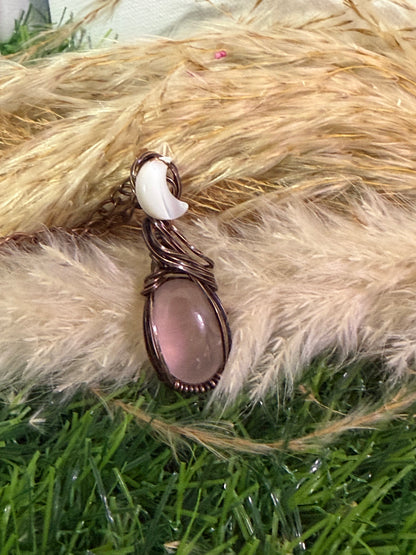 Rose Quarts Pendant wrapped in Oxidized Copper