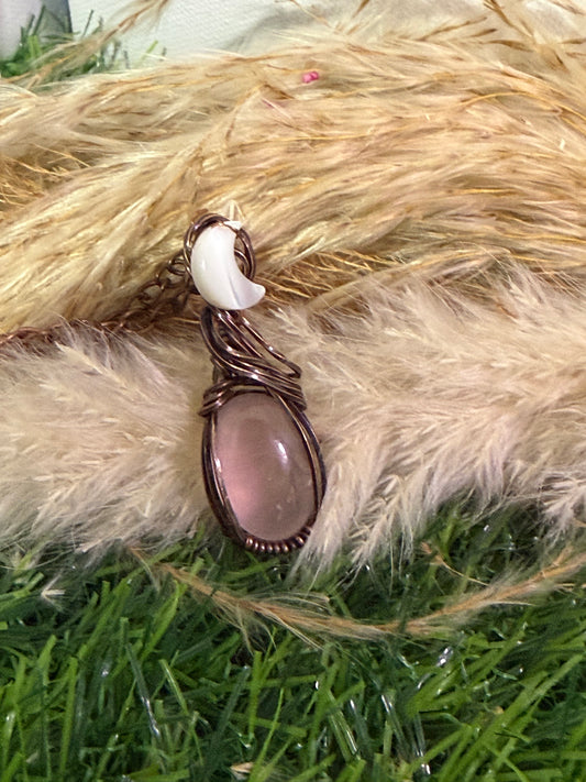 Rose Quarts Pendant wrapped in Oxidized Copper