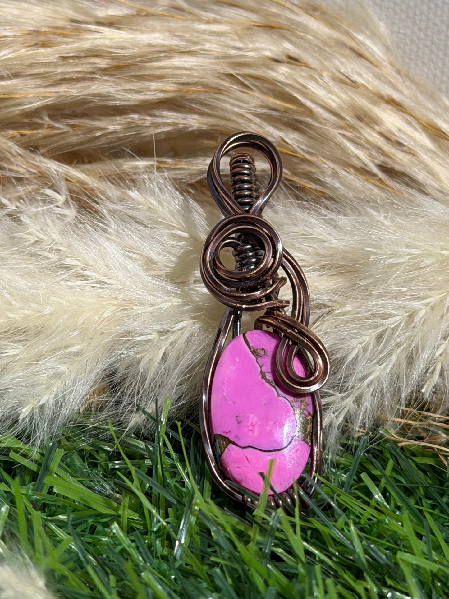 Cotton Candy Mohave pendant wrapped in oxidized copper