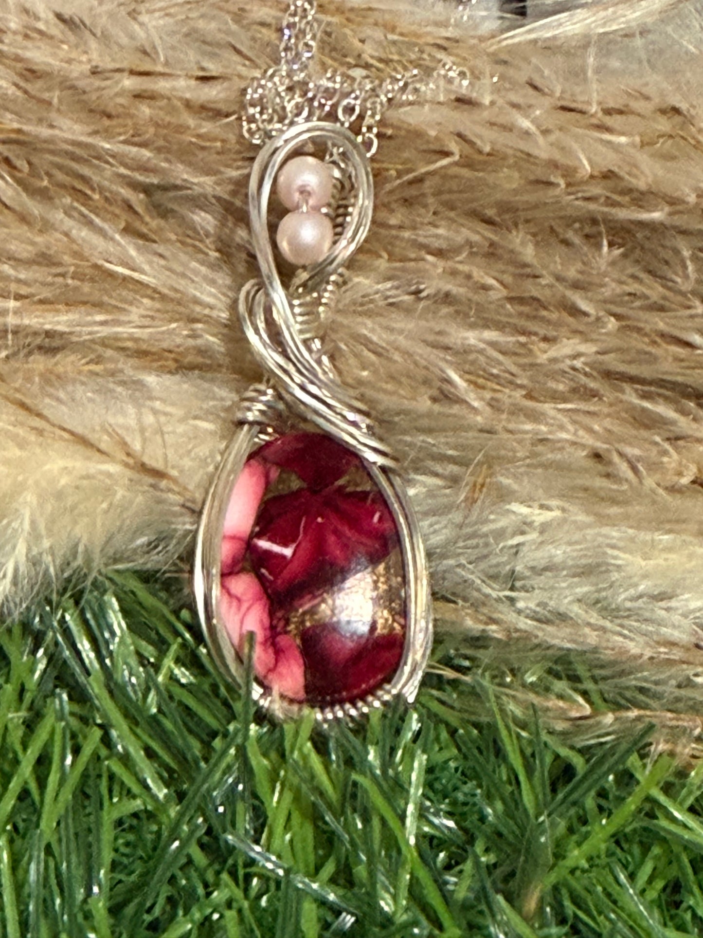 Red Rose Dahlia pendant wrapped in 9.25 Sterling Silver
