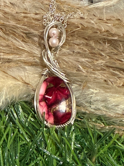 Red Rose Dahlia pendant wrapped in 9.25 Sterling Silver