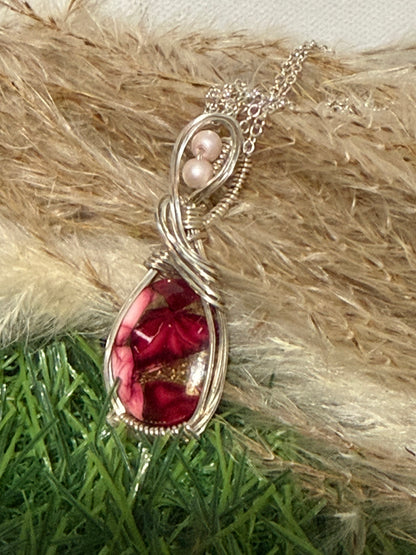Red Rose Dahlia pendant wrapped in 9.25 Sterling Silver