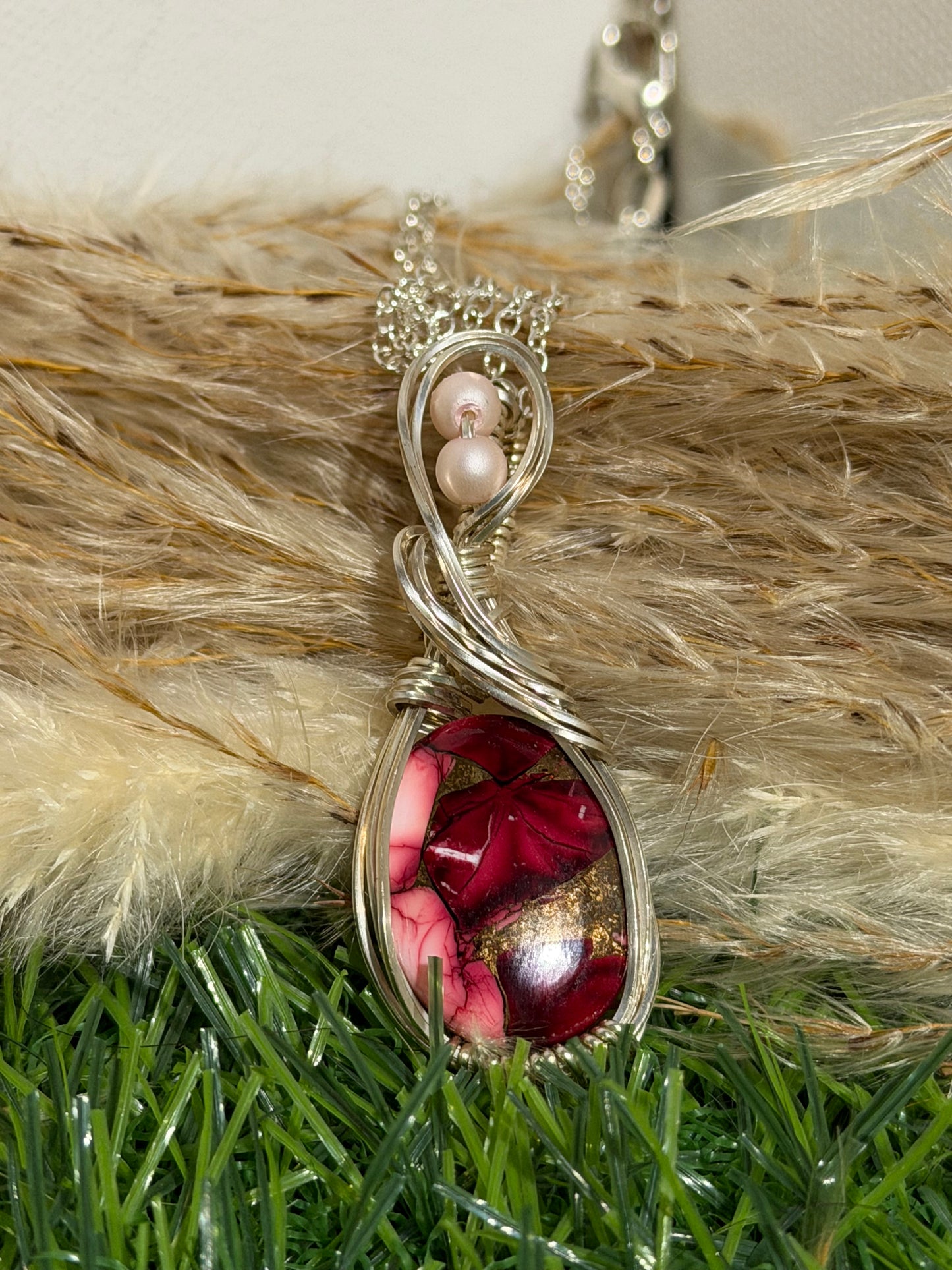 Red Rose Dahlia pendant wrapped in 9.25 Sterling Silver