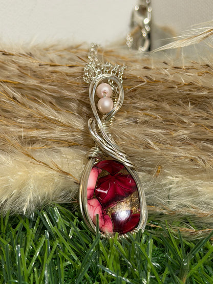 Red Rose Dahlia pendant wrapped in 9.25 Sterling Silver