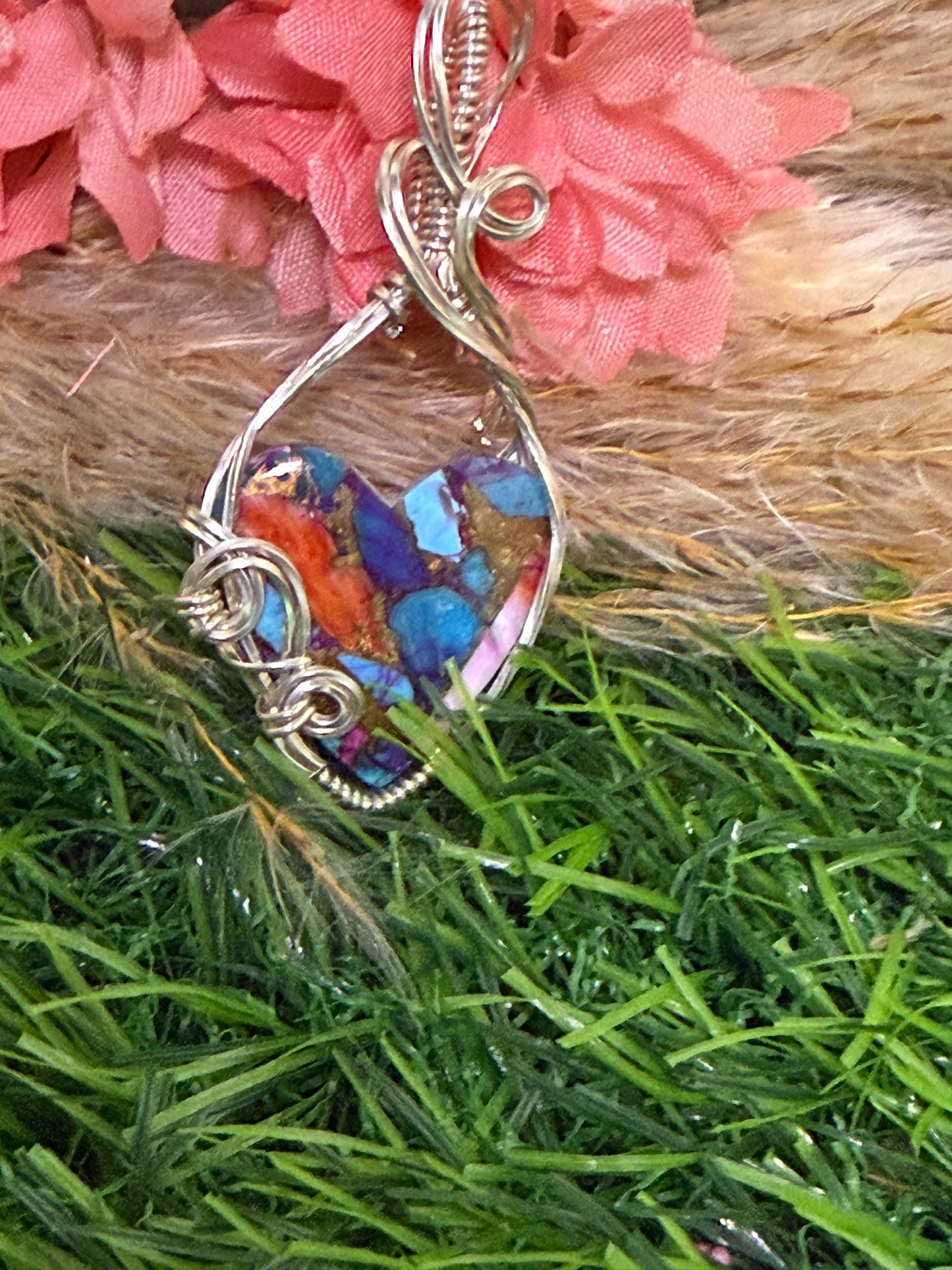 Arizona Pink Mohave Turquoise Pendant wrapped in 9.25 Sterling Silver