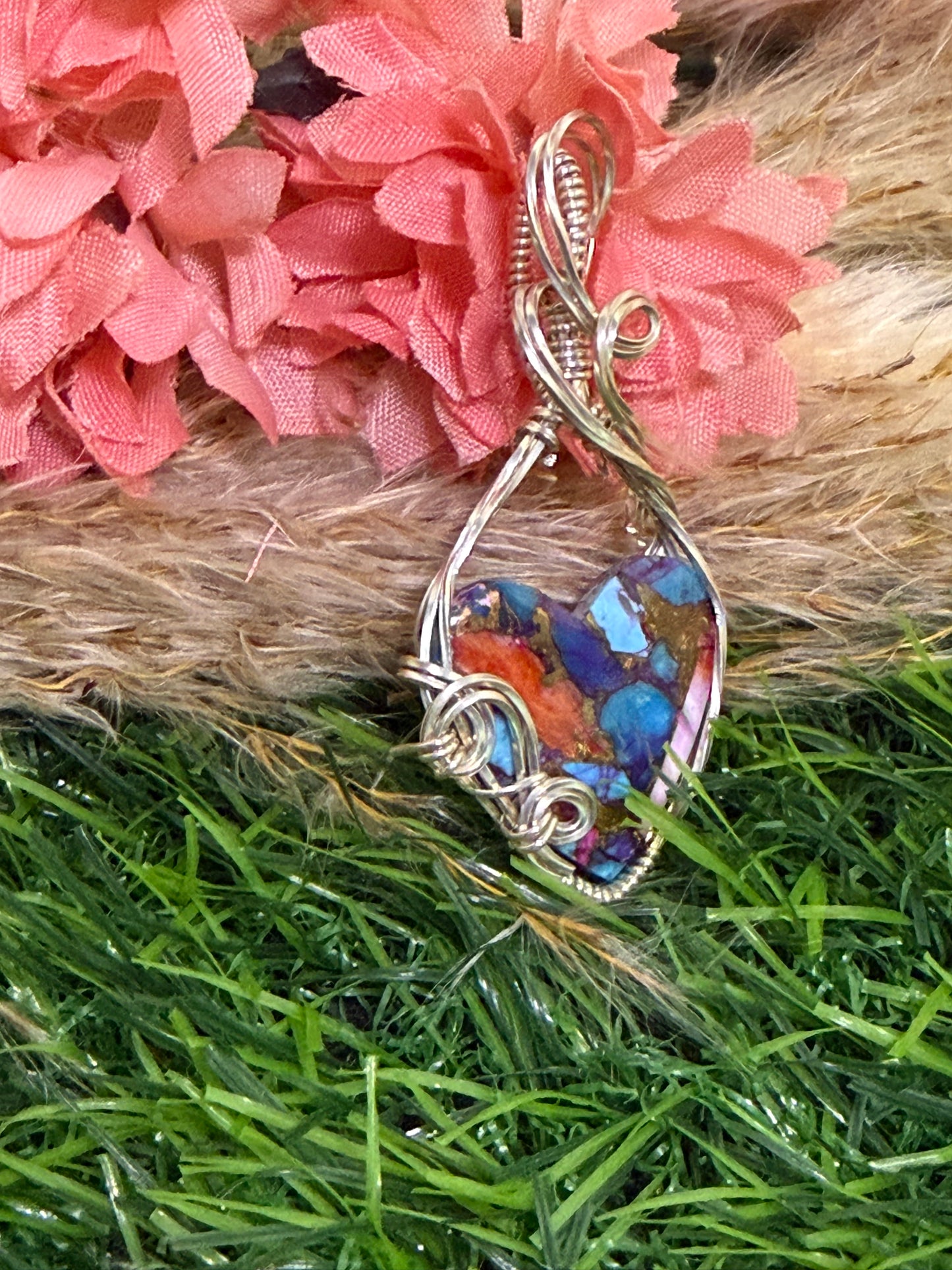 Arizona Pink Mohave Turquoise Pendant wrapped in 9.25 Sterling Silver