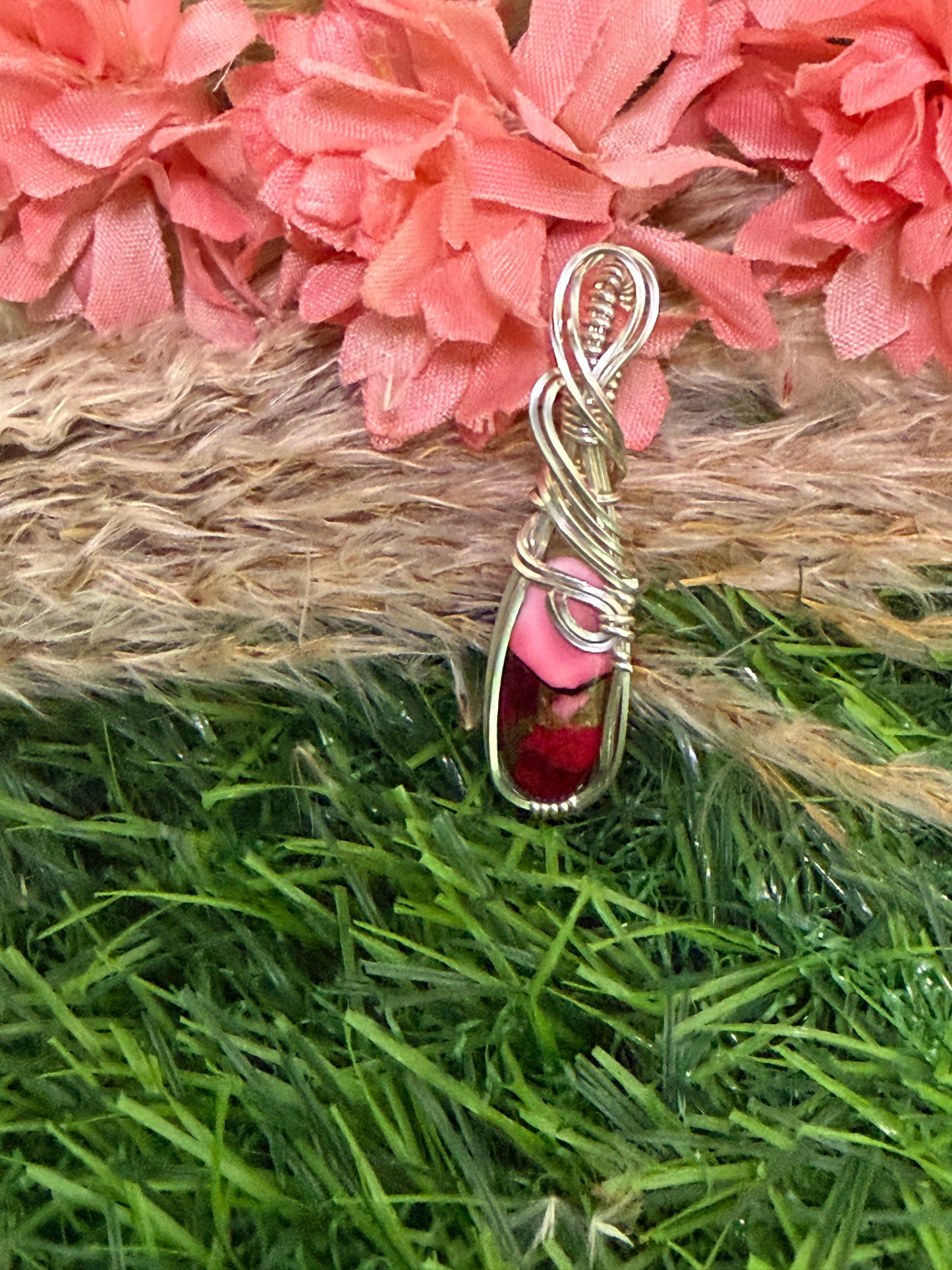 Red Rose Dahlia pendant wrapped in 9.25 Sterling Silver