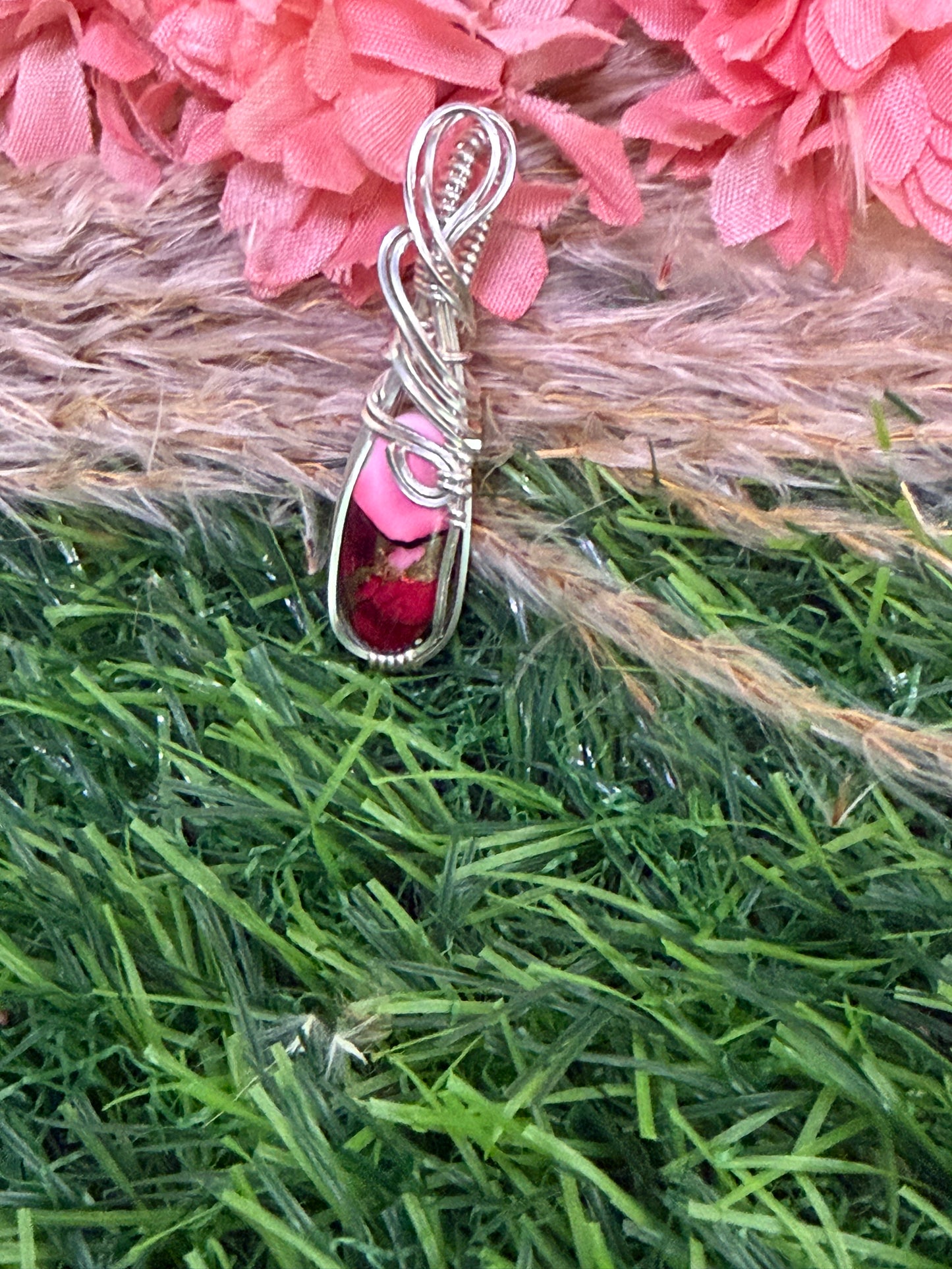 Red Rose Dahlia pendant wrapped in 9.25 Sterling Silver