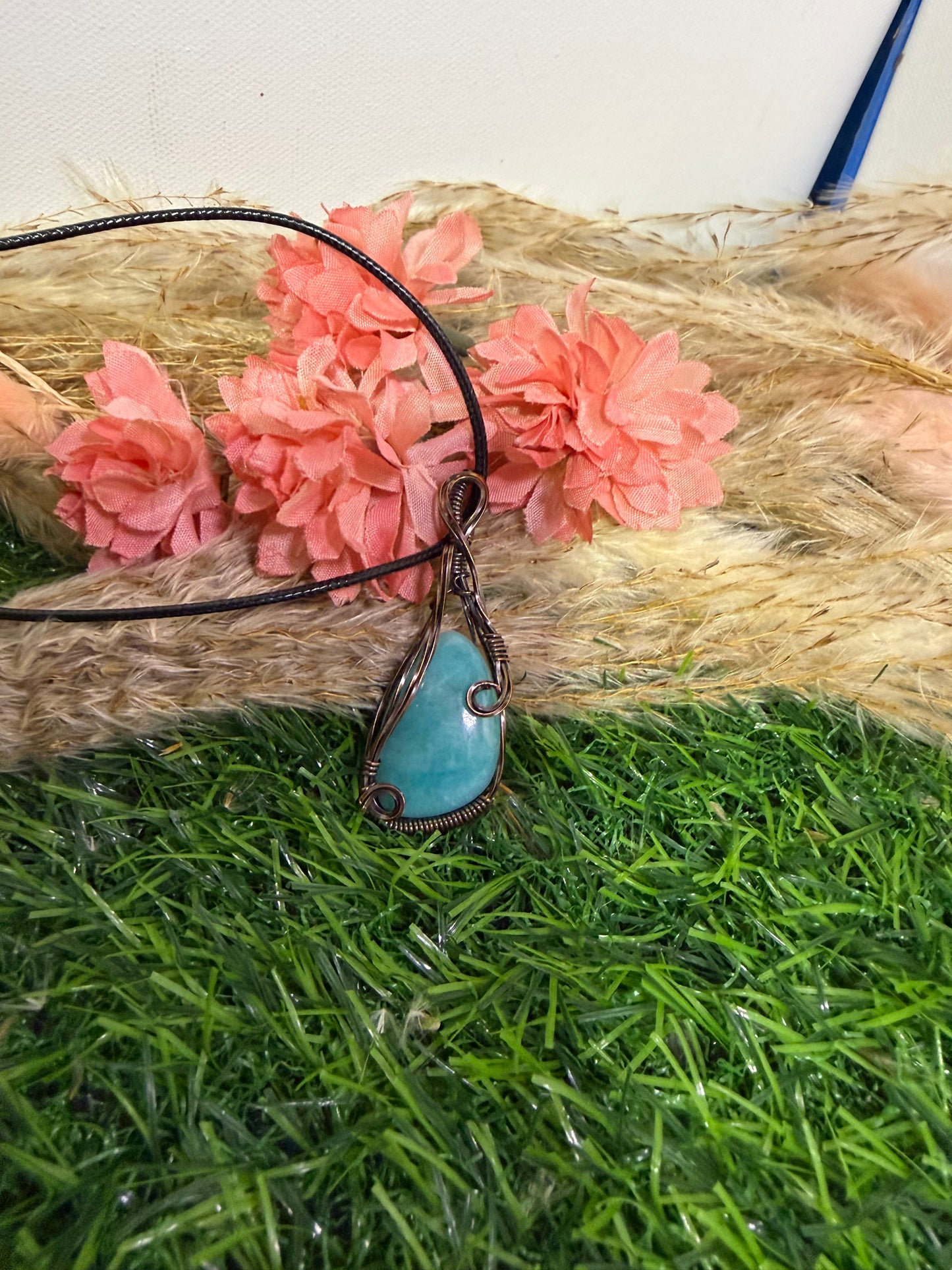 Amazonite Pendant wrapped in Oxidized Copper