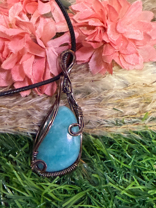 Amazonite Pendant wrapped in Oxidized Copper