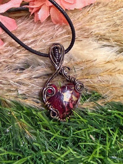 Red Rose Dahilia Pendant wrapped in Oxidized Copper