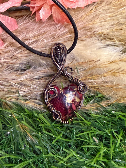 Red Rose Dahilia Pendant wrapped in Oxidized Copper