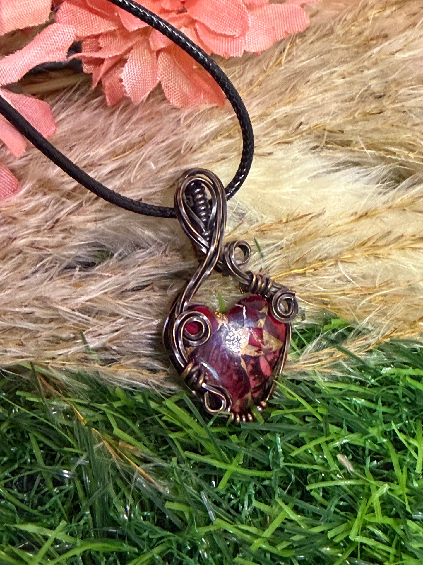 Red Rose Dahilia Pendant wrapped in Oxidized Copper