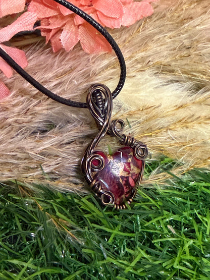 Red Rose Dahilia Pendant wrapped in Oxidized Copper