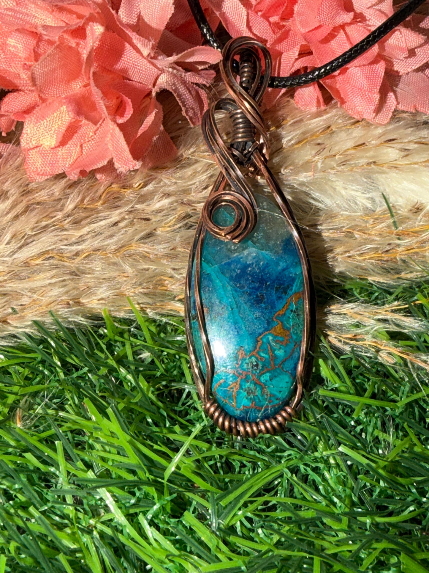 Chrysocolla Necklace Wrapped Oxidized Coppe