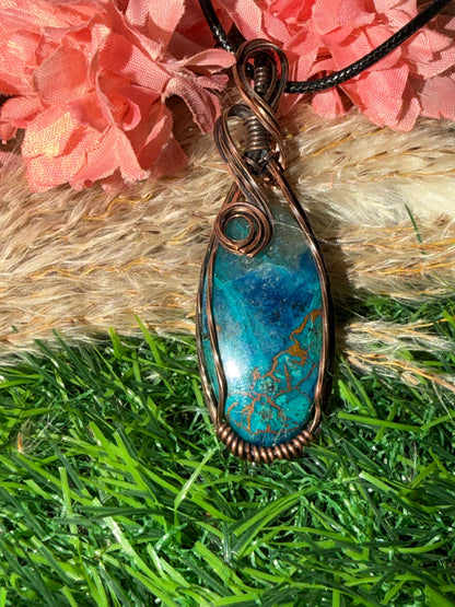 Chrysocolla Necklace Wrapped Oxidized Coppe