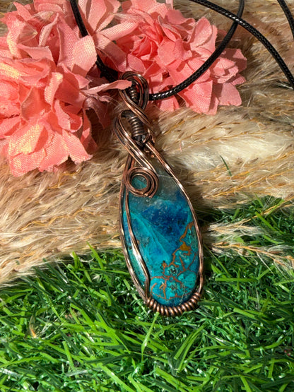 Chrysocolla Necklace Wrapped Oxidized Coppe