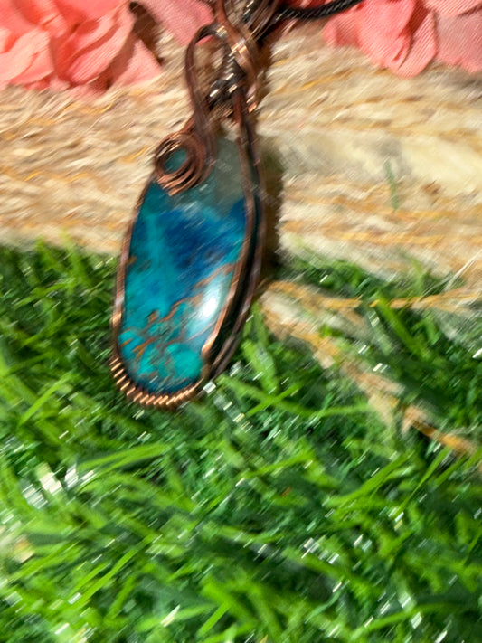Chrysocolla Necklace Wrapped Oxidized Coppe
