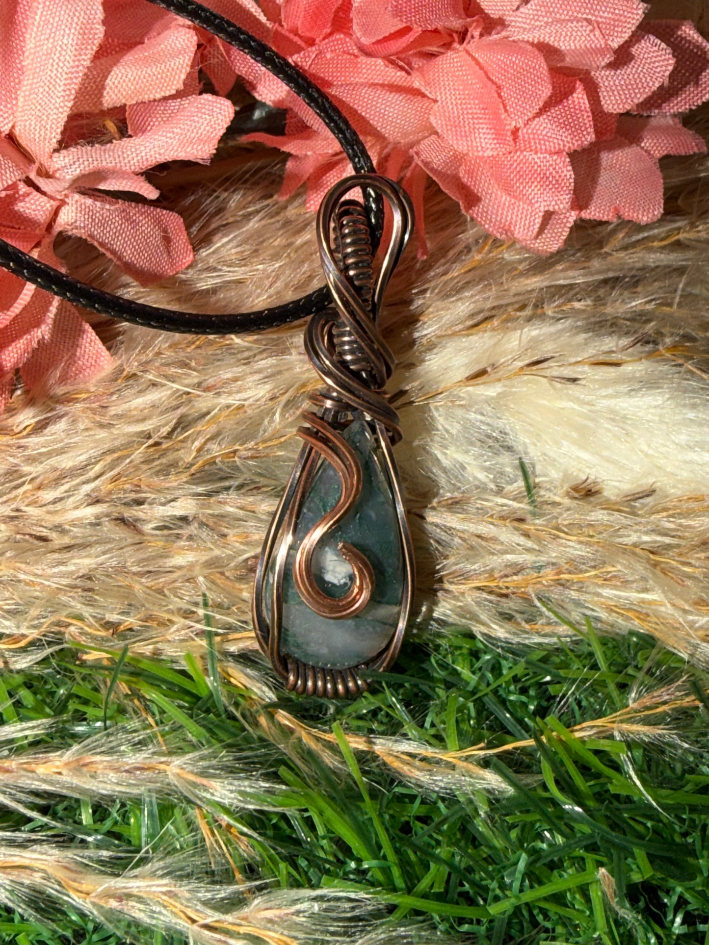 Moss Agate wrapped in oxidized Copper