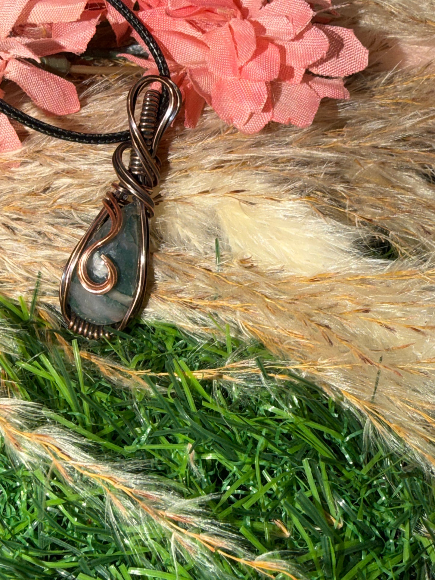 Moss Agate wrapped in oxidized Copper