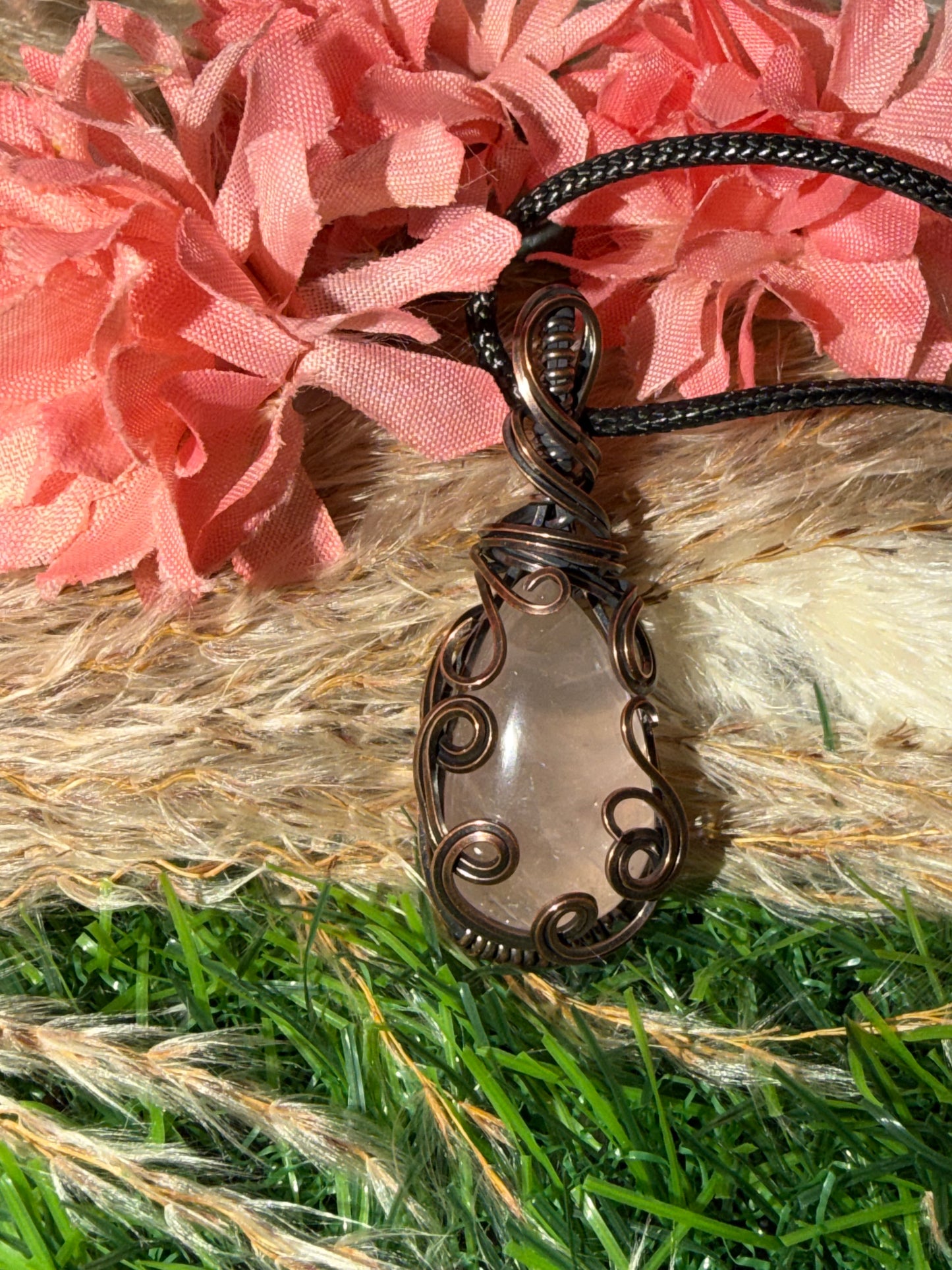 Rose Quartz Necklace Wrapped in Oxidized Copper.