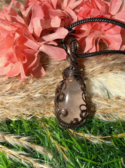 Rose Quartz Necklace Wrapped in Oxidized Copper.