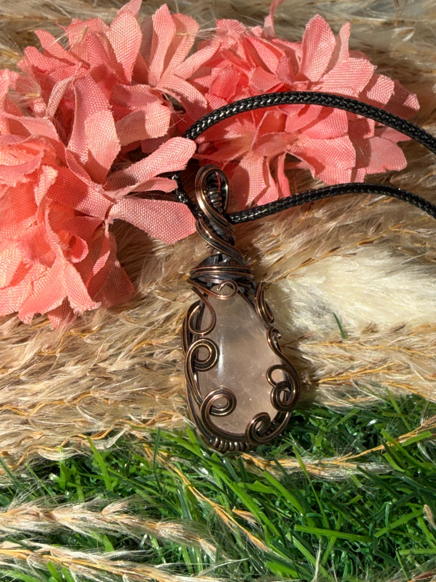 Rose Quartz Necklace Wrapped in Oxidized Copper.