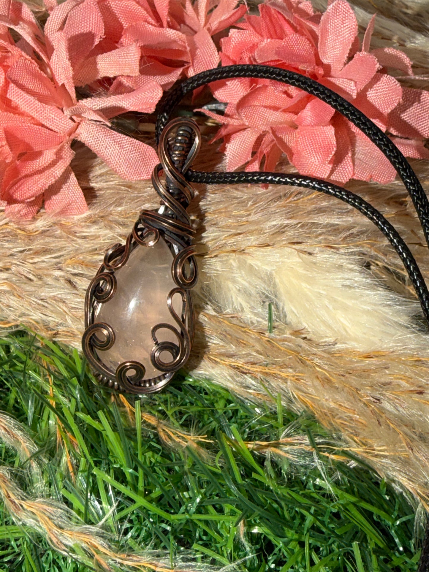 Rose Quartz Necklace Wrapped in Oxidized Copper.