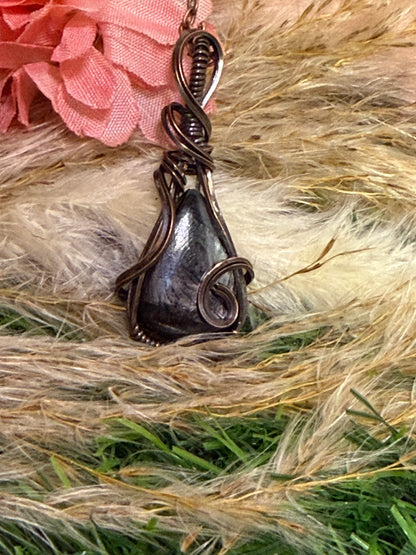 Hypersthene Pendant wrapped in oxidized copper