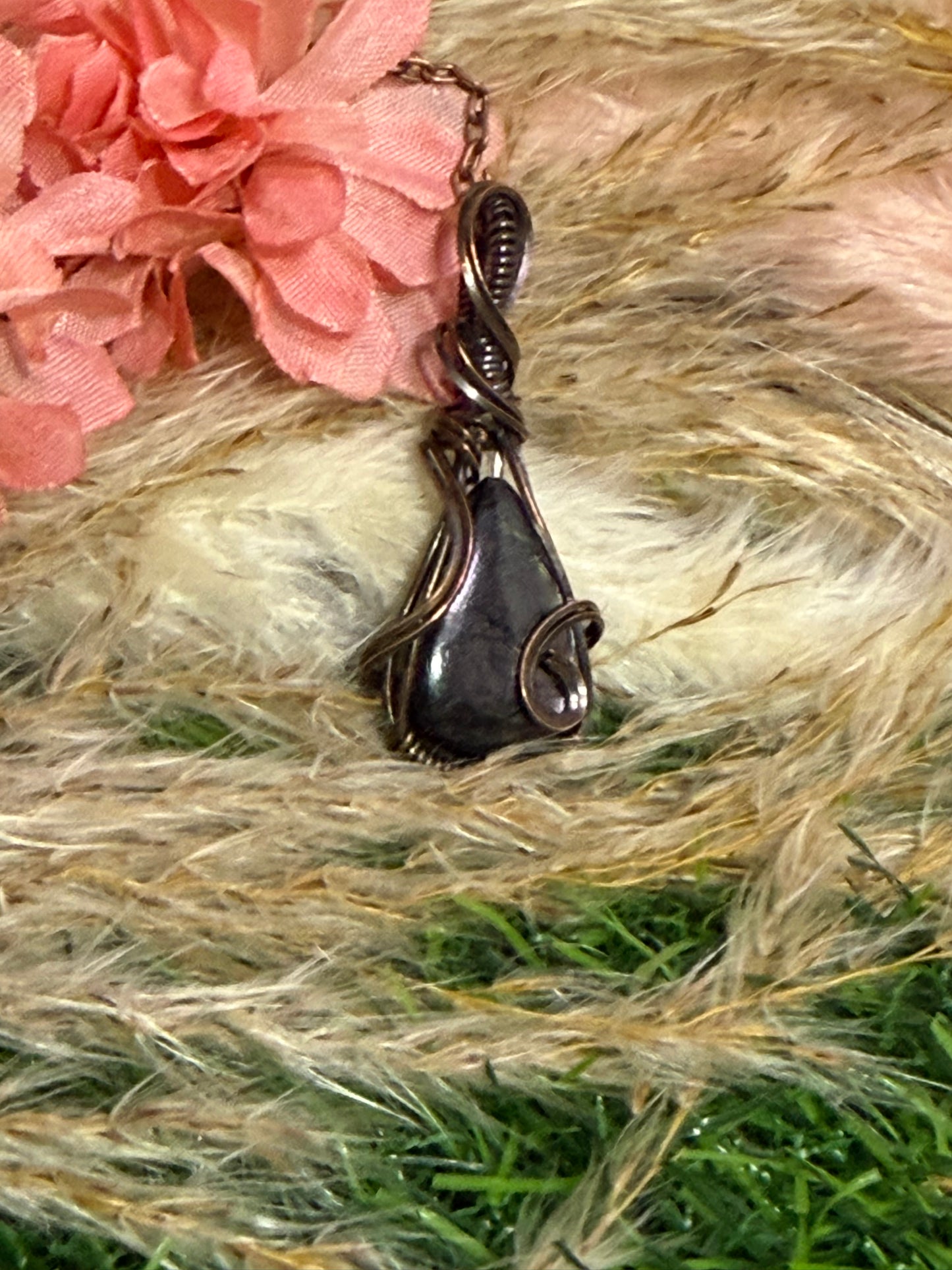 Hypersthene Pendant wrapped in oxidized copper