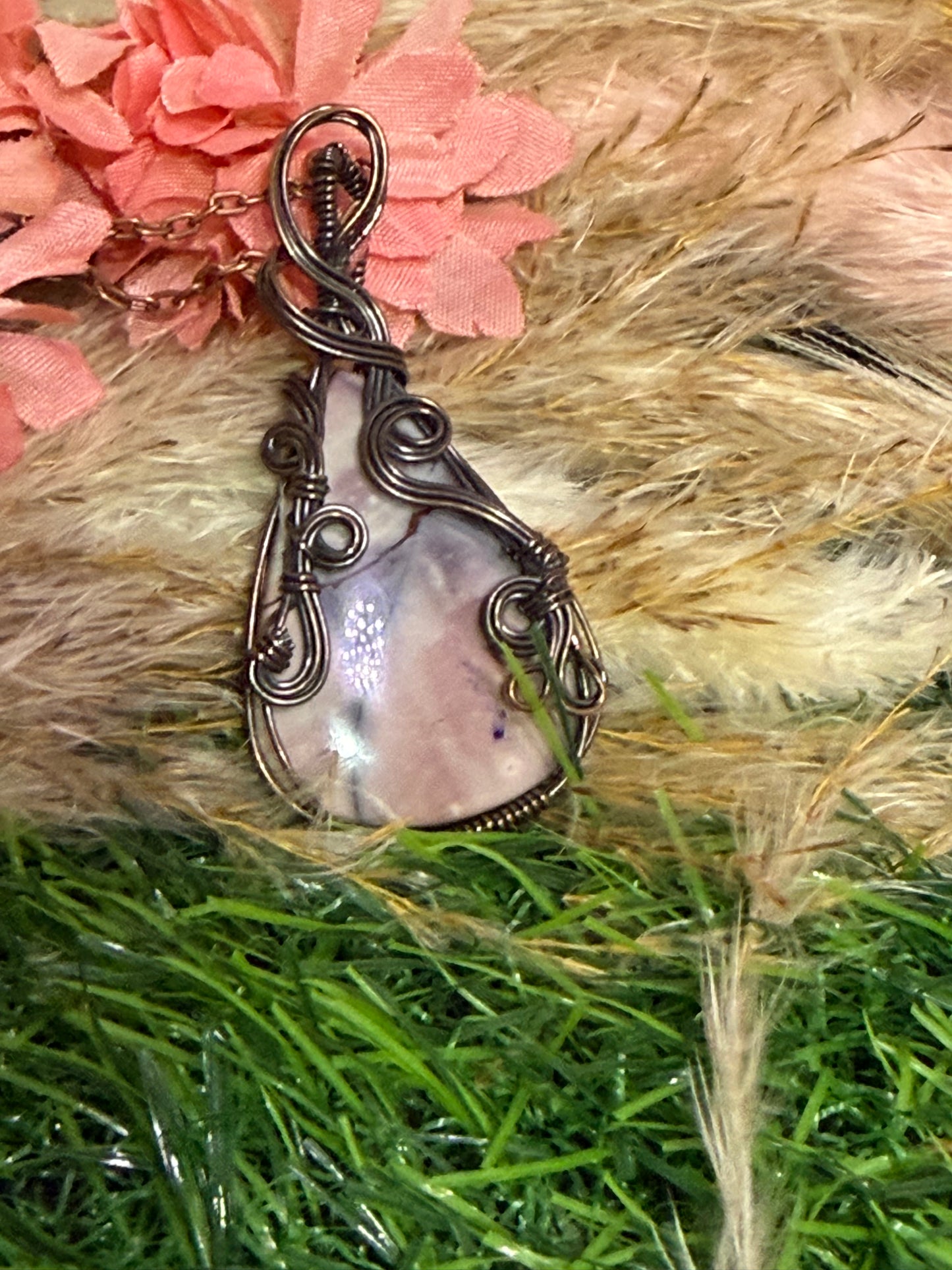 Porcelain Pendant wrapped in oxidized Copper