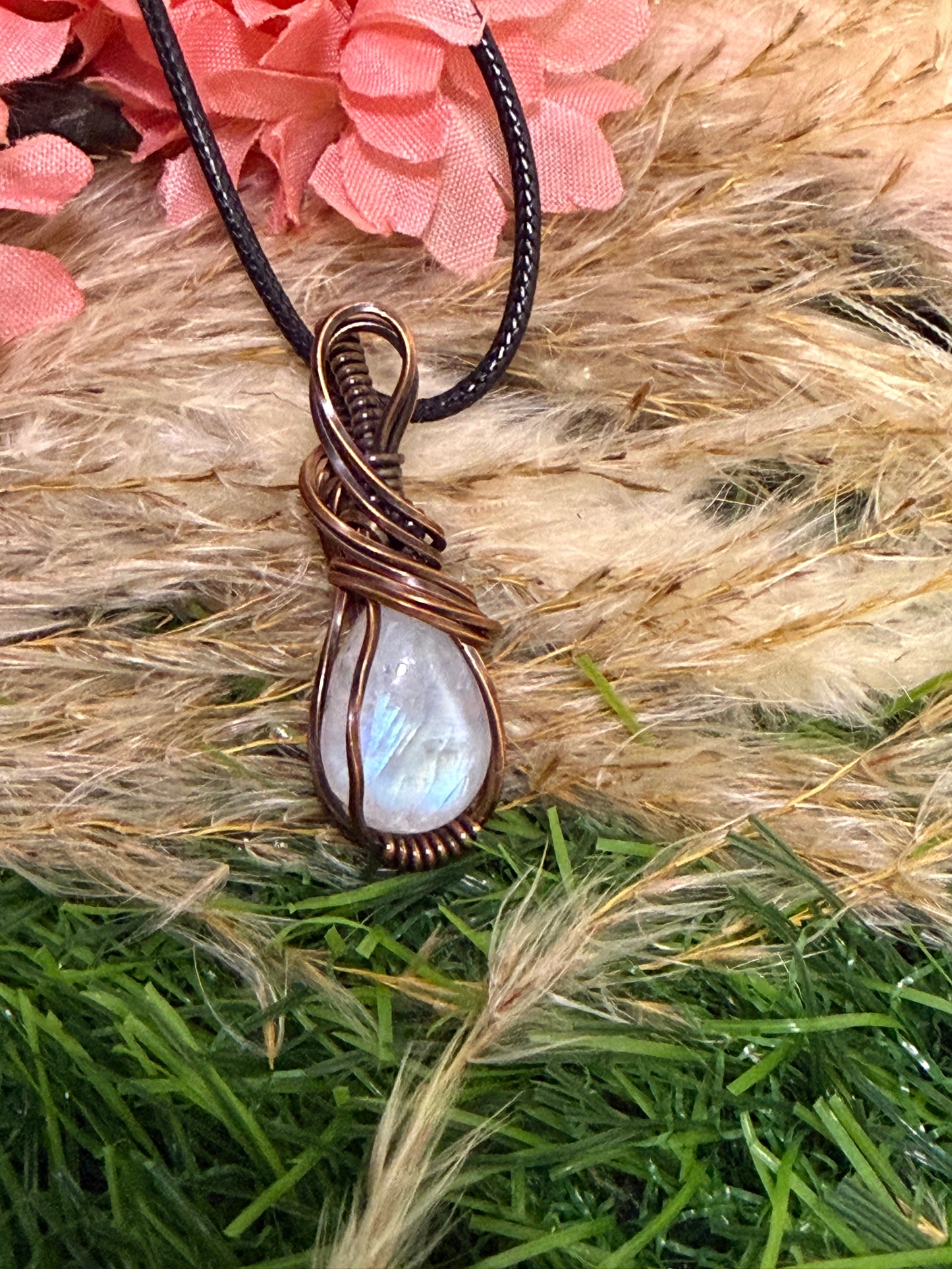 Moonstone Wrapped in Oxidized Copper