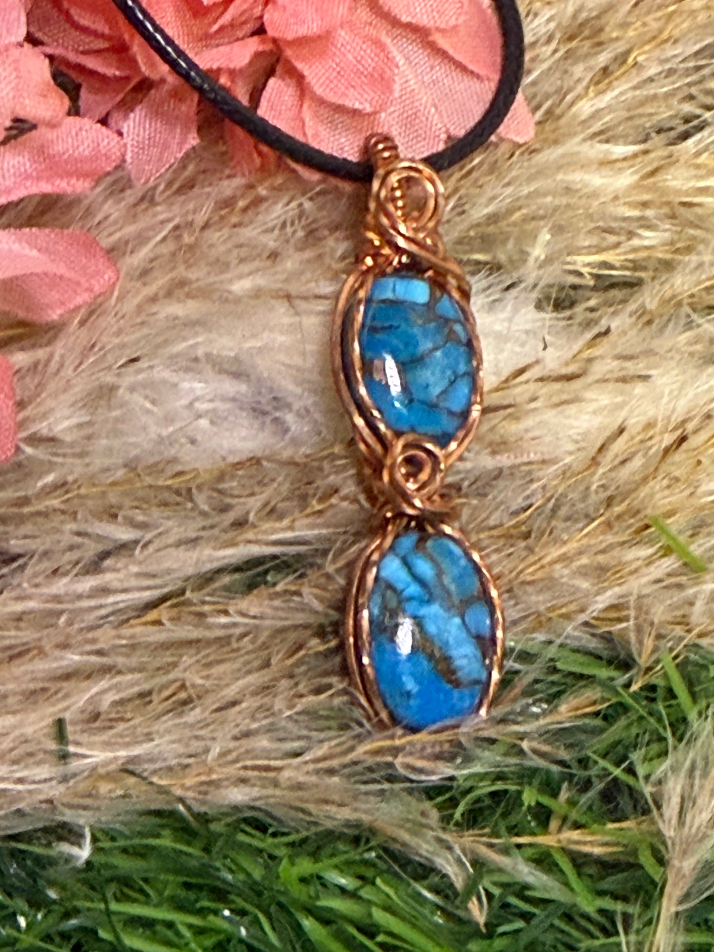 Double Turquoise Pendant wrapped in Copper