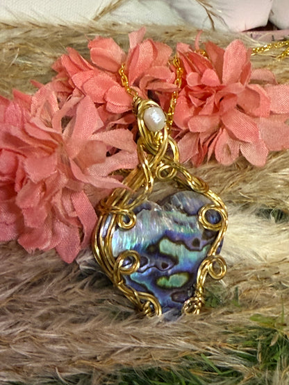 Abalone Shell Pendant wrapped in Brass