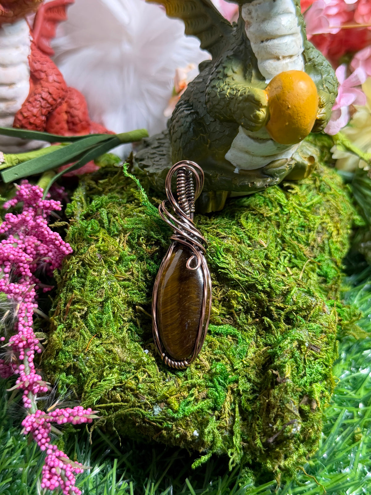 Tiger Eye Crystal Pendant Wrapped in Oxidized copper