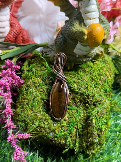 Tiger Eye Crystal Pendant Wrapped in Oxidized copper