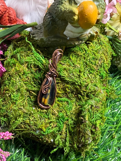 Tiger Eye crystal wrapped in Oxidized Copper
